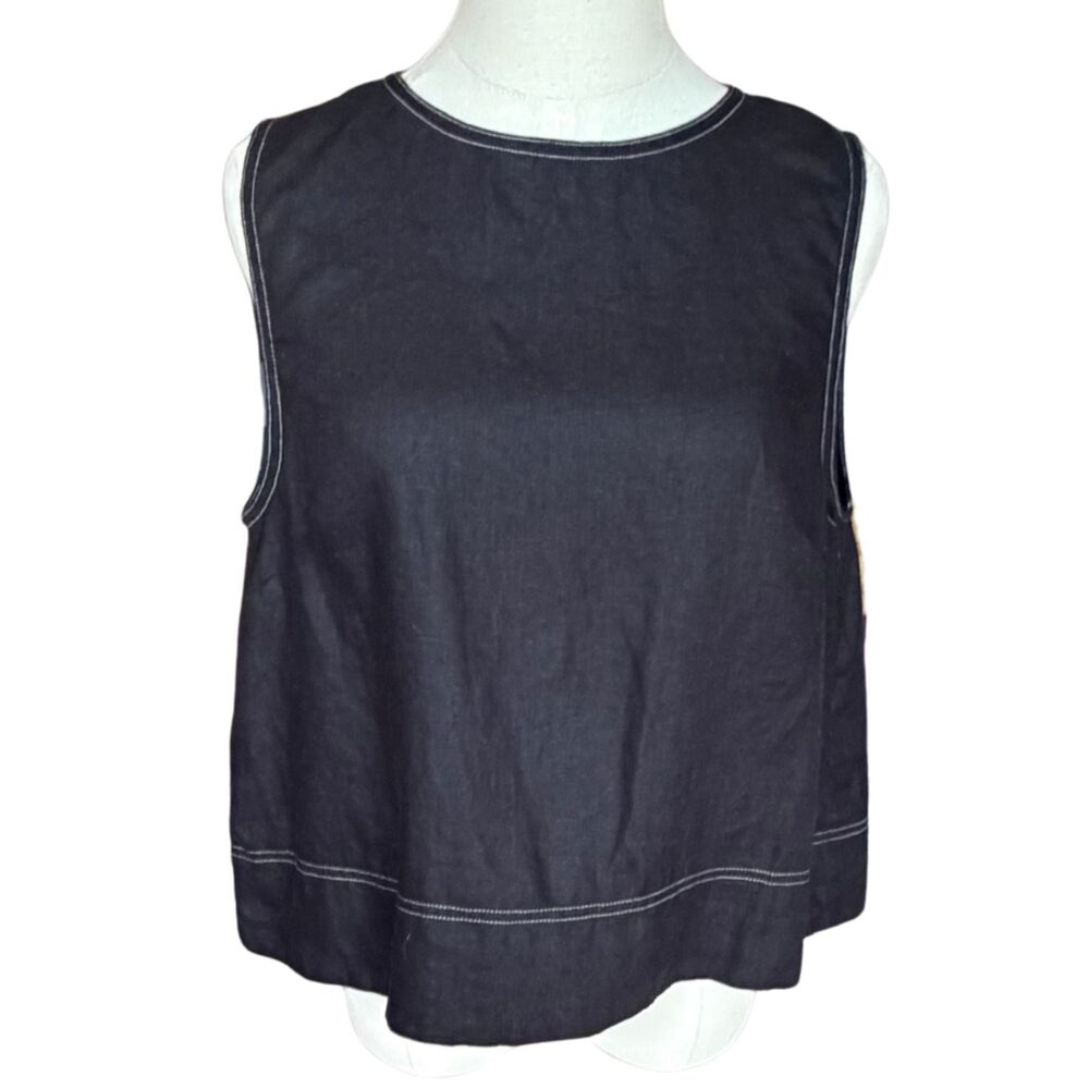 Madewell Black Contrast White Stitch Linen Pleated Shell Top Sleeveless Tank L